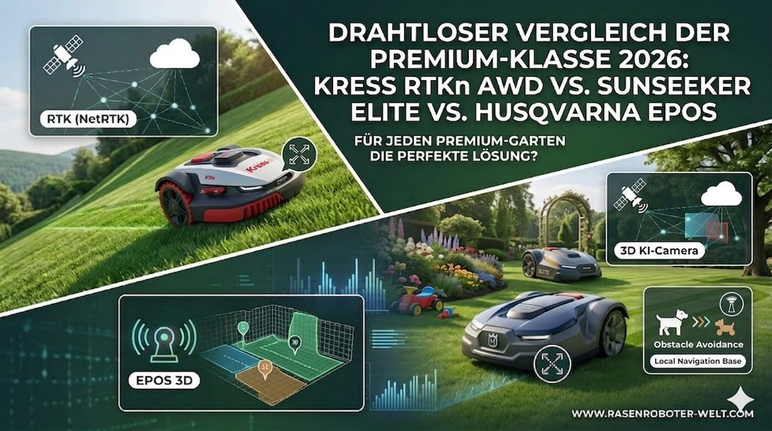 Infografik für den Premium-Mähroboter-Vergleich 2026: Kress Mission RTKn AWD, Sunseeker Elite mit 3D KI-Kamera und Husqvarna EPOS nebeneinander im Gartentest.