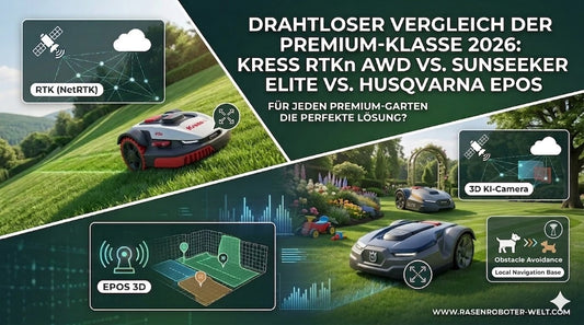 Infografik für den Premium-Mähroboter-Vergleich 2026: Kress Mission RTKn AWD, Sunseeker Elite mit 3D KI-Kamera und Husqvarna EPOS nebeneinander im Gartentest.