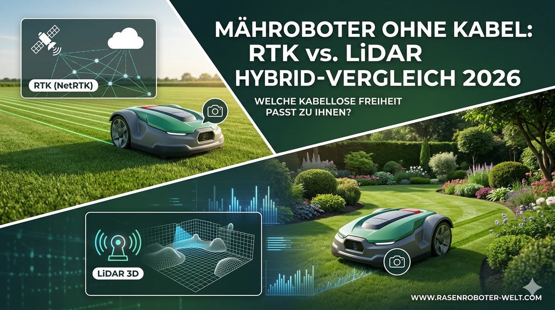 Vergleich moderner Mähroboter ohne Begrenzungsdraht mit RTK-Netzwerk-Navigation und LiDAR-3D-Sensorik für komplexe Gärten.