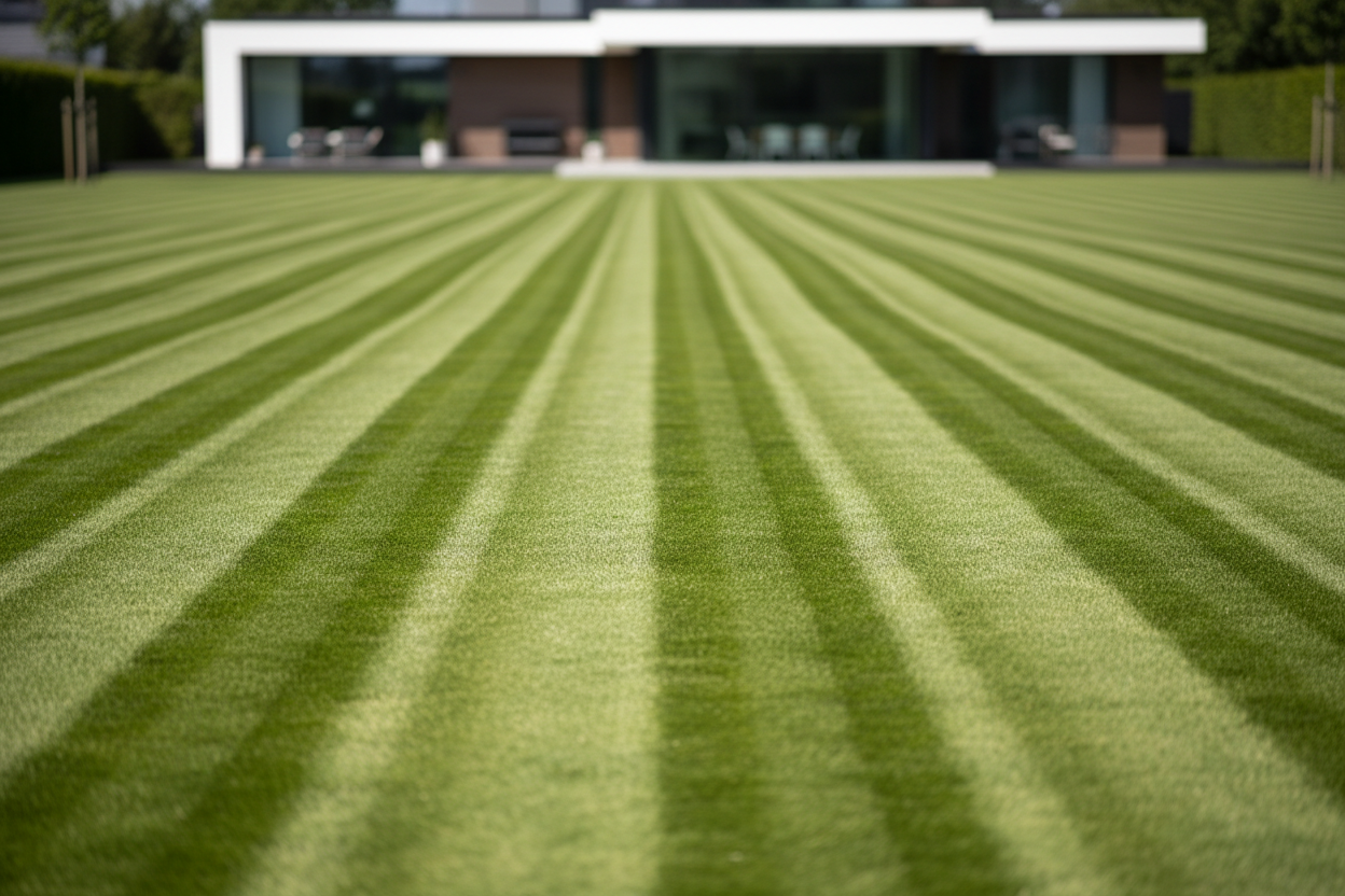 Perfekt gemaehte Bahnen auf einem Rasen